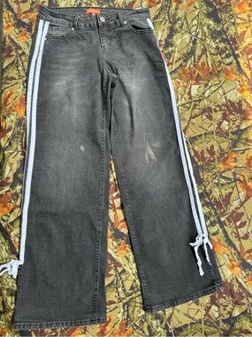 BlueFox Collective Y2K Faded Black Wide Leg Denim Tuxedo Stripe Side Tie Jeans 3